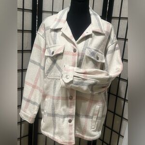 ASHLEY BY 26 INTERNATIONAL OUTERWEAR, GRAY PINK WHITE, FLANNEL,JACKET SIZE M